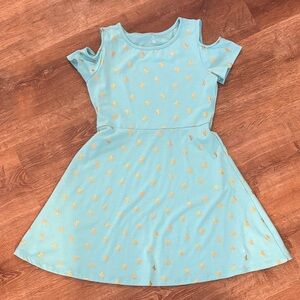 Girls Aqua Cold-Shoulder Favorite Skater Dress with Gold Cactus Print 10/12